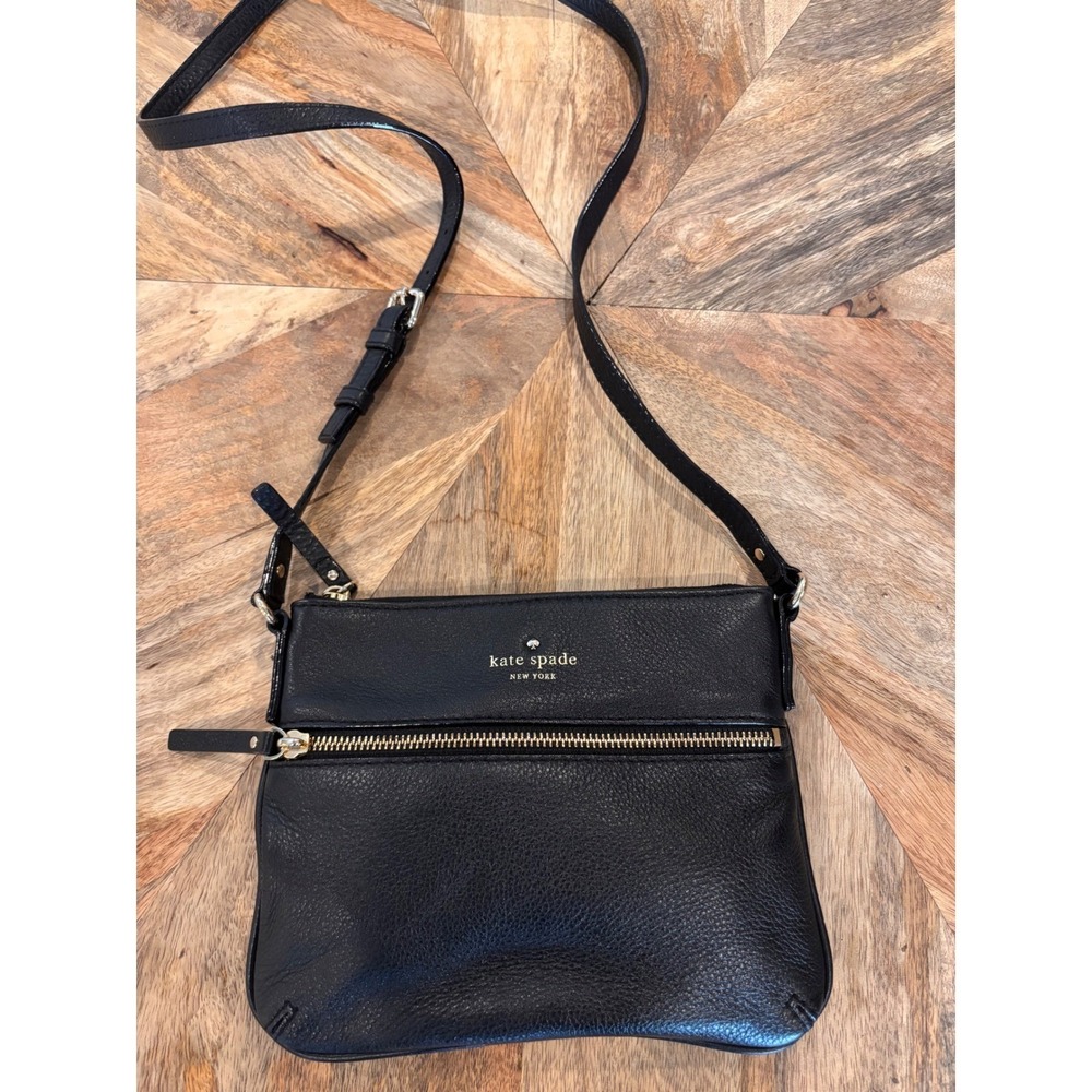 Kate Spade New York Black Pebbled Leather Crossbody Bag Gold Zip Front Pocket
